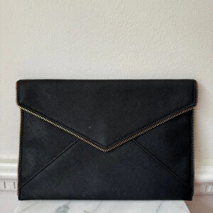 REBECCA MINKOFF Black Leo Saffiano Leather Zipper Detail Clutch Gold Hardware
